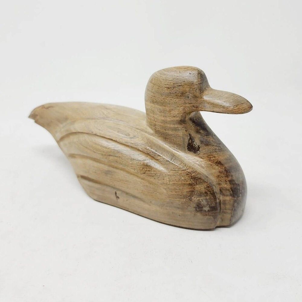 Vtg Hand Carved Wooden Duck Decoy Figurine Sculpture Natural Wood Grain Folk Art